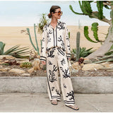 Elegant Print Women's Stain Pants Set Spring Summer Loose Lapel Long Sleeve Shirt 2 Pieces Sets Casual Female Soft Home Suit