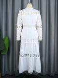 Chic Women Hollow Out Lace Splice Mock Neck Long Sleeve A Line Midi Dress with Belt Casual Party Club Outfits plus size