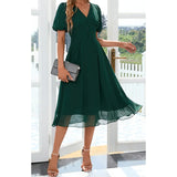 greatnfb Women's Plus Size Chic Dress V-Neck Elegant A-line Chiffon Midi Dresses Lantern Sleeve Casual Party Summer Dress Vestidos