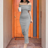 Off the Shoulder Maxi Dresses for Women 2023 Fashion Solid Pleated Bodycon Dress Long Sleeve Elegant Party Evening Dress