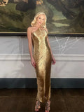 Elegant Shiny Metallic Gold Halter Dress for Women Sleeveless Backless Bodycorn Long Vestidos 2024 Lady Party Club Evening Robes