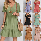 greatnfb  Vintage Women A-Line Mini Dress Summer Fashion Casual V-Neck High Waist Solid Elegant Party Dresses Lady Short Sleeve Dress