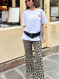 Vintage Leopard Women Pants Casual Lace Up Wide Leg High Waist Loose All-match Trouser 2024 Summer Fashion Lady Y2k Streetwear