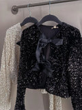 greatnfb Women Chic Short Sequin Jacket With Bow Fashion Long Sleeve Christmas Sparkling Coats 2024 Autumn Elegant Lady Shiny Partywear