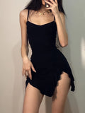 HOUZHOU Sexy Black Dress Women Summer Bodycon Spaghetti Strap Mini Dress Sleeveless Irregular Vintage Streetwear Ruffle Sundress