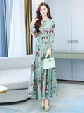 Blue Floral Vintage Chiffon Long Sleeve Dress Spring Autumn 2023 Womens Fashion Prom Maxi O-Neck Bodycon Evening Midi Dresses