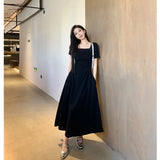 Elegant Black White Dress For Women Summer Square Collar Short Sleeve Slim Long Dress Evening Party Vintage Dresses