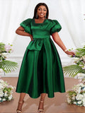 Puff Sleeve Ball Gown Dresses Plus Size Elegant Ladies High Waist Pleated Dark Green Ruffles Shiny Midi Evening Party Outfits