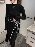 greatnfb Women Knitted Dress New Autumn Winter Slim Lace-Up Long Sleeve Bottoming Sweater Skirt Elegant Fashion Office Female Vestidos