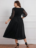 Plus Size V Neck 3/4 Lantern Sleeve Party Midi Dress For Women