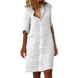 greatnfb  Vintage Cotton Linen Shirt Dresses for Women Summer Half Sleeve Loose Lapel Dress Ladies Casual Holiday Knee Length Dress Robe