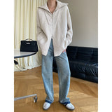 Double Zipper Fit Loose Polo's Collared Oversized Knitted Cardigan Sweater