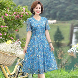 Women Summer Casual Dress Ladies Middle-aged Print Short Sleeve Pleated Dresses Female Vintage V-neck Vestidos