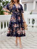 Plus Size Womens Deep V Neck Ruffle Sleeve Dress Wrap Belt Blue Robe Summer Casual Cocktail Party Work Swing A-line Sundress