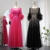 Sharon Said Luxury Feathers Black Dubai Evening Dresses for Women Elegant Fuchsia Arabic Half Sleeve Wedding Party Dress SS339