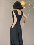 2024 Long Jumpsuits Women Black Trendy Loose Retro Summer Feminine Office Sleeveless Simple Elegant Solid Evening Dress lady