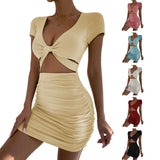 greatnfb Y2k2024 Summer New Short sleeved Sexy V-neck Open Waist Hollow Wrapped Hip Dress