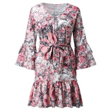 Floral Printing Women'S Dress Short Sleevele Ruffle Mini Dress For Women Elegant Summer V Neck Sweet Cute Dresses Vestidos