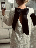 Shining Sequin Back Hollow Out Bowknot Mini Dress Women Long Sleeve Slim Short Dresses  Female Holiday Evening Party Looks