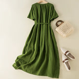 Limiguyue Green Cotton Linen Dress High Waist Summer Vintage O-neck Buttons Midi Long Dress Slim Loose Belt Elegant Vestidos