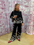 Fashion Floral Hollow Out Long Pant Sets Chic Lapel Lantern Sleeves Shirt New In Matching Sets 2024 Lady Holiday Beach Outfit