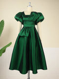 Puff Sleeve Ball Gown Dresses Plus Size Elegant Ladies High Waist Pleated Dark Green Ruffles Shiny Midi Evening Party Outfits