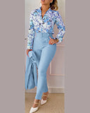 Casual Long Sleeve Shirt Pants Set Office Lady Fashion Elegant V Neck Floral Print Trousers Two Piece Set Women Outfit