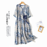 Sky Blue Print Vintage Linen Thin Lace Up V-Neck Women's Dress Half Sleeve A-Line Mid-Calf Dresses For Women Spring Summer