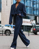 greatnfb Women's Pant Suits 2024 Autumn Fashion Street Ladies Office Work Formal Long Sleeve Striped Blazer & Straight Leg Pants Suit