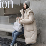 greatnfb Winter Rhombic Lattice Loose Cotton Jacket Coat Women's Solid Color Big Pocket Hooded Jackets Casual Medium Long Parka 2024 New