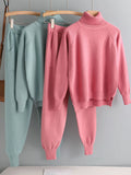 2 Pieces Set Women Knitted Tracksuit Turtleneck Sweater + Carrot Jogging Pants Pullover Sweater Set CHIC Knitted Outwear