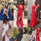 greatnfb  Summer Ladies Long Split Dress Polka dot Beach Dress Maxi Dress Women Evening Party Dress Floor-length Beach Hobo Sundress