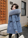 greatnfb Winter Coat Low Price On Sale Women Beige Add Wool Thick Warmth Fur Hooded Parkas Jacket 2024 New Fashion Belt Slim Cotton Coat