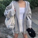 greatnfb  WEIRDO Women Zip Up Sweatshirt Casual Oversized Hooded Korean Style Hoodies Harajuku Solid Long Sleeve Lady Jacket Large Coats