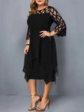 Elegant Midi Party Dress For Chubby Women Xxl O Neck Lace Sleeve Hollow Out Solid Sexy Women'S Clothing  Evening Dresses