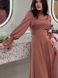 Long Dress New in Spring Fashion Satin Long Sleeves Elegant Robe Dress with Waist High Neck for Women's Commuting Evening Dress