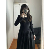 greatnfb Winter Dress Korean Style Vintage O Neck Full Sleeve Black Long Dresses Slim Waist Maxi A Linen Dresses Fashion Design