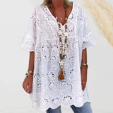 greatnfb Women Mini Dress Fashion V-Neck Hollow Out Embroidery Pattern Short Sleeves White Color Ruffle Dress Summer Casual Loose Cover-u