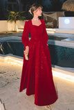 greatnfb Women Evening Dresses Long Sleeve Elegant Square Collar Red Prom Party Dress Long A-line Wedding Guest Evening Dress Graduation