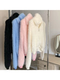 Harajuku Korean Autumn Women Cardigans Zipper Hooded Cozy Plush Warm Sweater Chic Sweet Simple Outerwear Gyaru Mori Girl Style