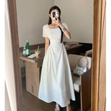 Elegant Black White Dress For Women Summer Square Collar Short Sleeve Slim Long Dress Evening Party Vintage Dresses