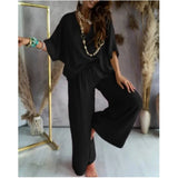 Elegant Women's T-shirt+ Long Pants 2 pcs  Set 2023 Summer V-neck Bat Sleeve Loose Hollow Top Casual Pants LadySuit S-XXL