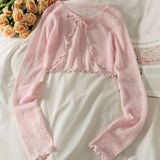 greatnfb  Summer Women Thin Sunscreen Cardigan Lace-up Knitwear Tops Female Korean Style Lantern Sleeve Short Coat Casual Sun Protected