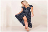 greatnfb Women Long Plus Size Split Dress Polka dot Beach Dress Maxi Dress Female Evening Party Dress Floor-length Beach Hobo Sundress