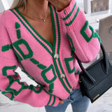 2023 Autumn Winter Knitted Cardigan Fashion Women Long Sleeve Loose V-Neck Sweater Thick Warm Female Green Casual Print Cardigan