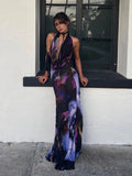 Backless Maxi Dress Women Sexy Purple Print Halter Bodycon Dress Summer Beach Outfits Elegant Sleeveless Club Party Dress