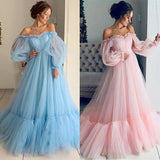 greatnfb Women's Dresses Solid Candy Color Long Sleeve Off Shoulder Slash-Neck Fashion Gauze Long Full Length Swing Dress Party Dresses