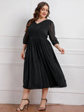 Plus Size V Neck 3/4 Lantern Sleeve Party Midi Dress For Women