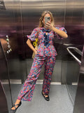 Printed Puff Sleeves Top 2 Piece Set For Women Fashion Lace Up Ruffled Shirt Pants Suits 2024 Office Lady High Streetwear