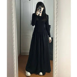 greatnfb Winter Dress Korean Style Vintage O Neck Full Sleeve Black Long Dresses Slim Waist Maxi A Linen Dresses Fashion Design